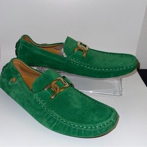 Green Suede Loafers with Gold Buckle
